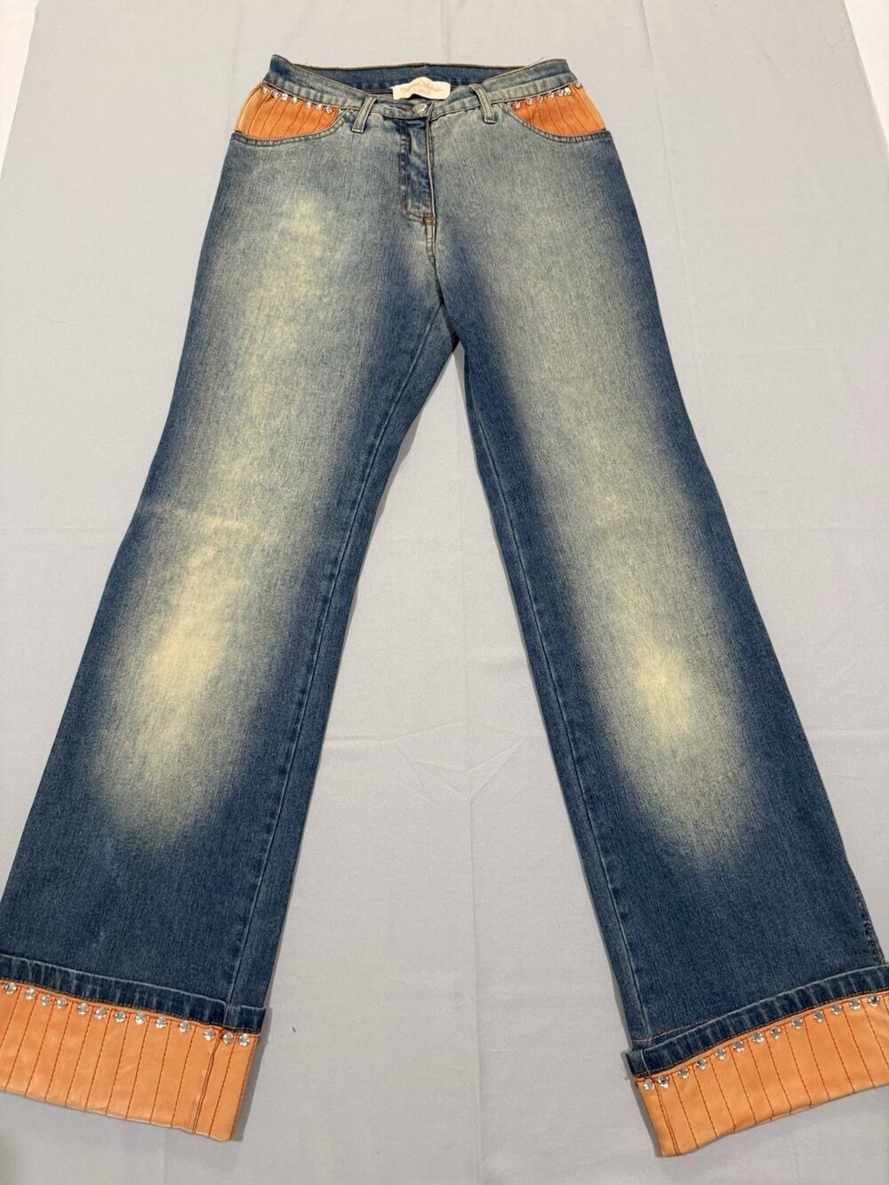 Made in Italy Women's Wide Leg Jeans IT44 Orange Leather Rhinestone Y2K Boutique